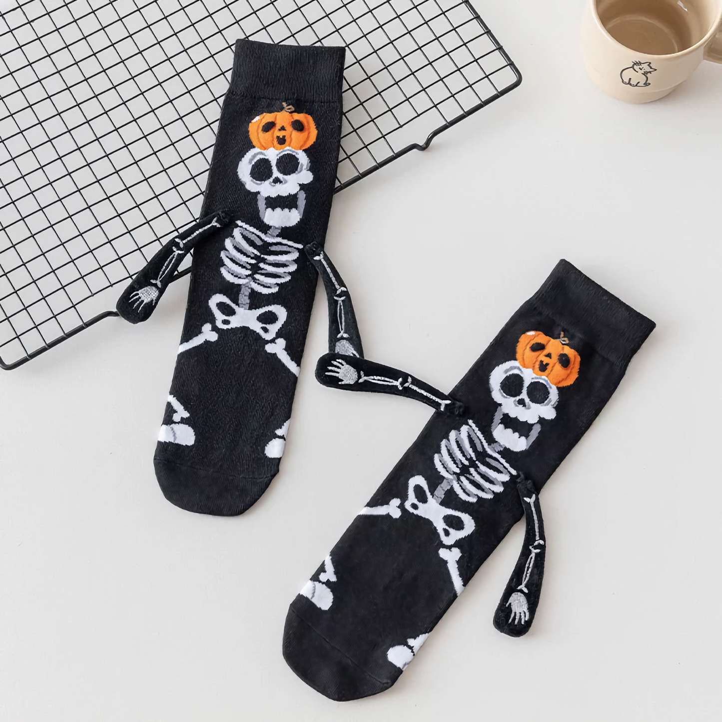 2-Pack Unisex Halloween Skeleton & Pumpkin Cotton Crew Socks - Fun & Creative