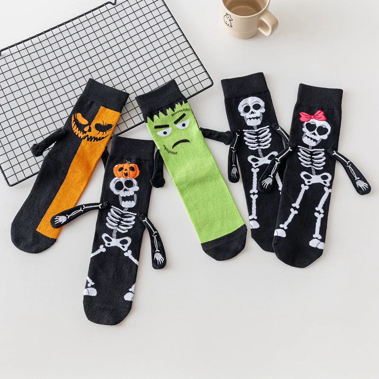 2-Pack Unisex Halloween Skeleton & Pumpkin Cotton Crew Socks - Fun & Creative