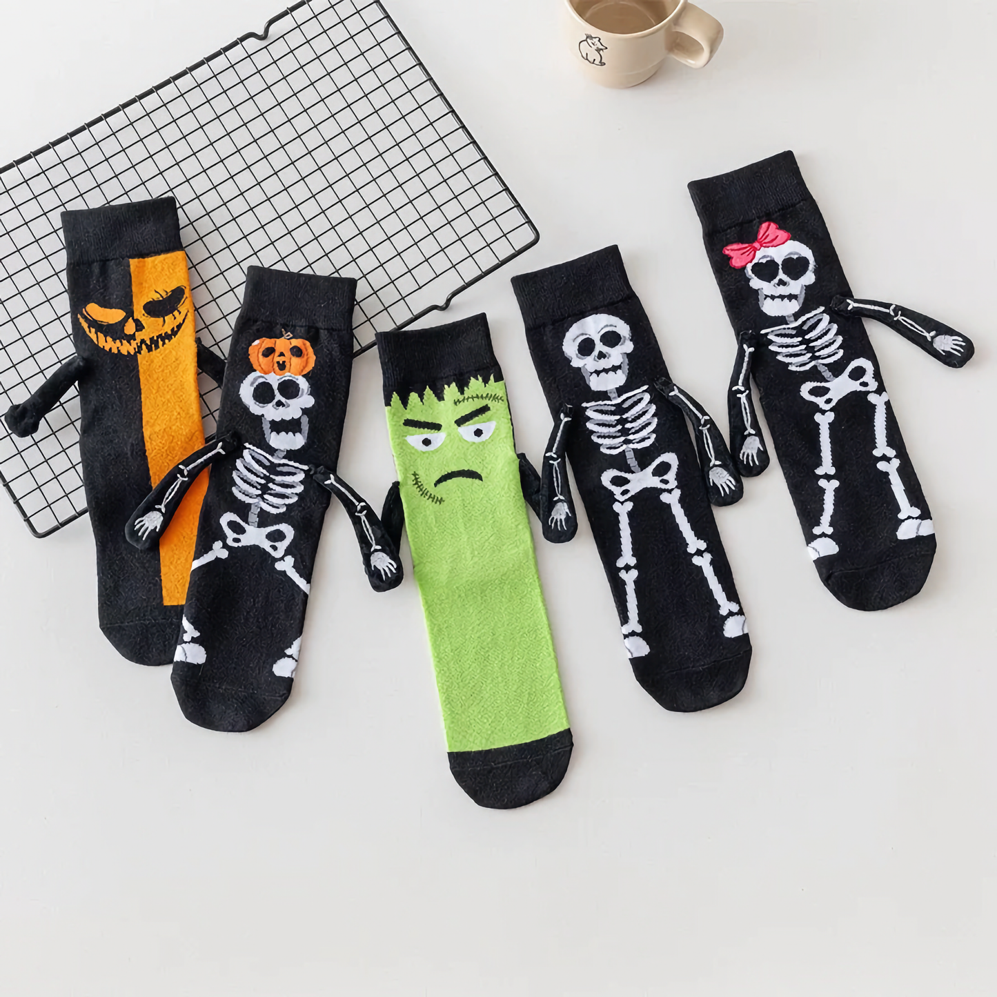 2-Pack Unisex Halloween Skeleton & Pumpkin Cotton Crew Socks - Fun & Creative