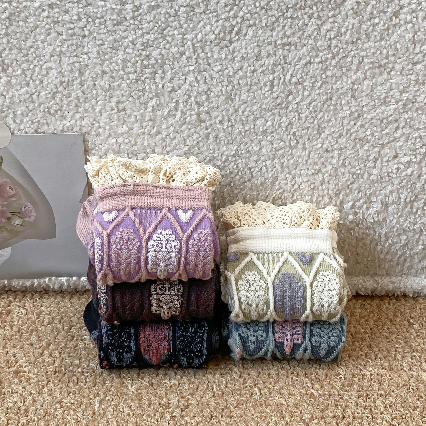 2-Pack All-Season Vintage Lace-Trimmed Cotton Crew Socks for Women - Elegant Style