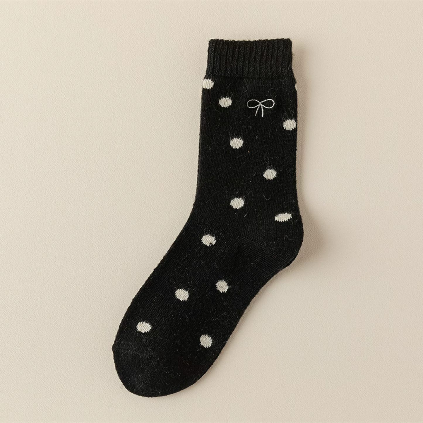 2-Pack Winter Wool Crew Socks for Women - Embroidered Bow & Polka Dot Design