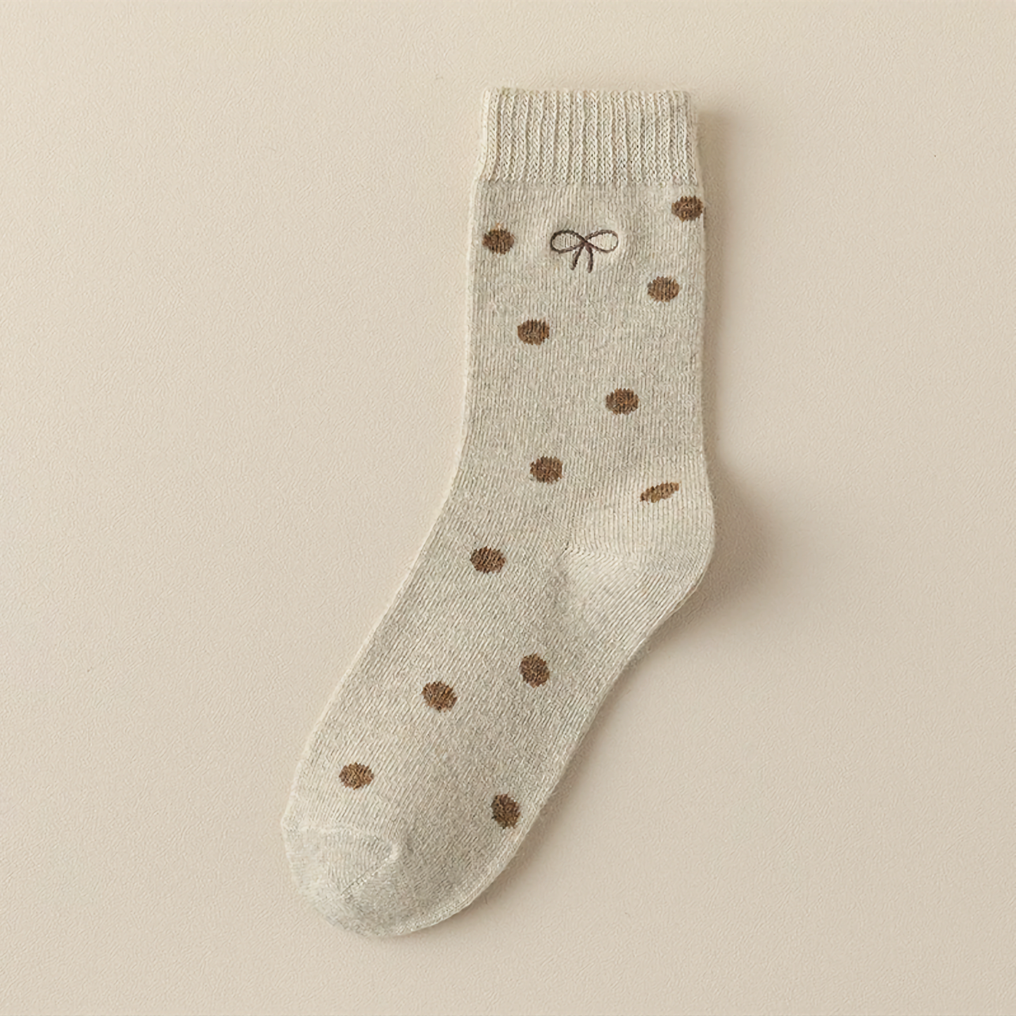 2-Pack Winter Wool Crew Socks for Women - Embroidered Bow & Polka Dot Design