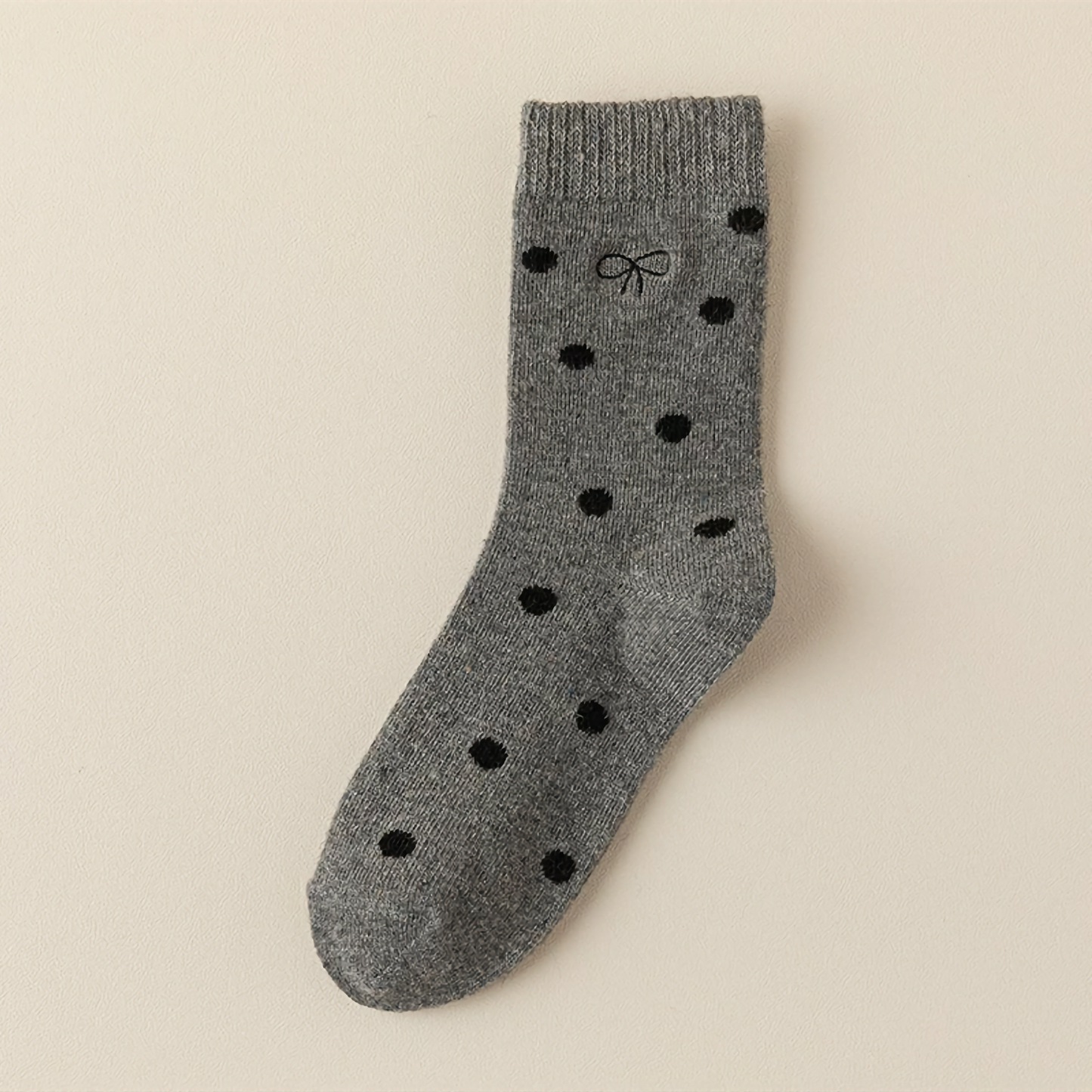 2-Pack Winter Wool Crew Socks for Women - Embroidered Bow & Polka Dot Design