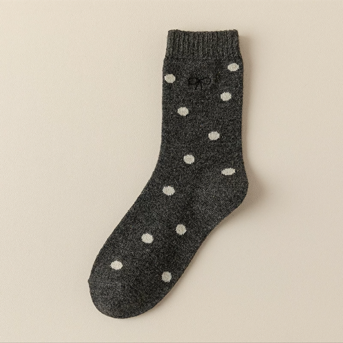 2-Pack Winter Wool Crew Socks for Women - Embroidered Bow & Polka Dot Design