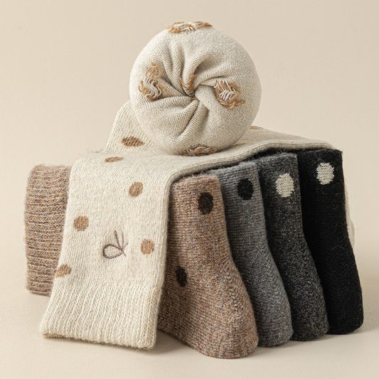 2-Pack Winter Wool Crew Socks for Women - Embroidered Bow & Polka Dot Design