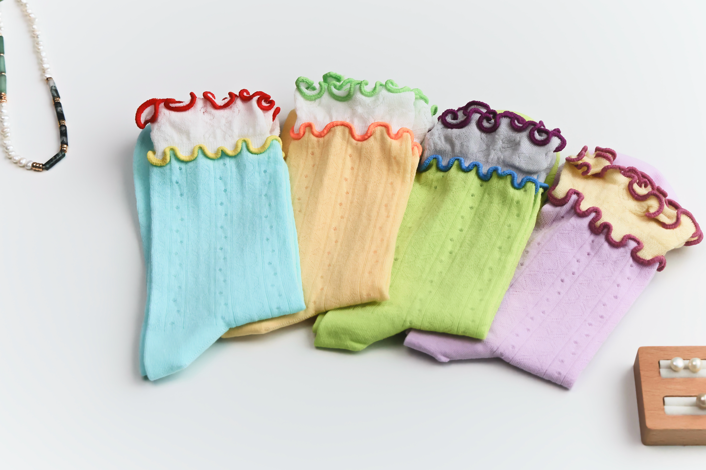 2-Pack Women’s Colorblock Cotton Socks – Lightweight Ruffle Trim