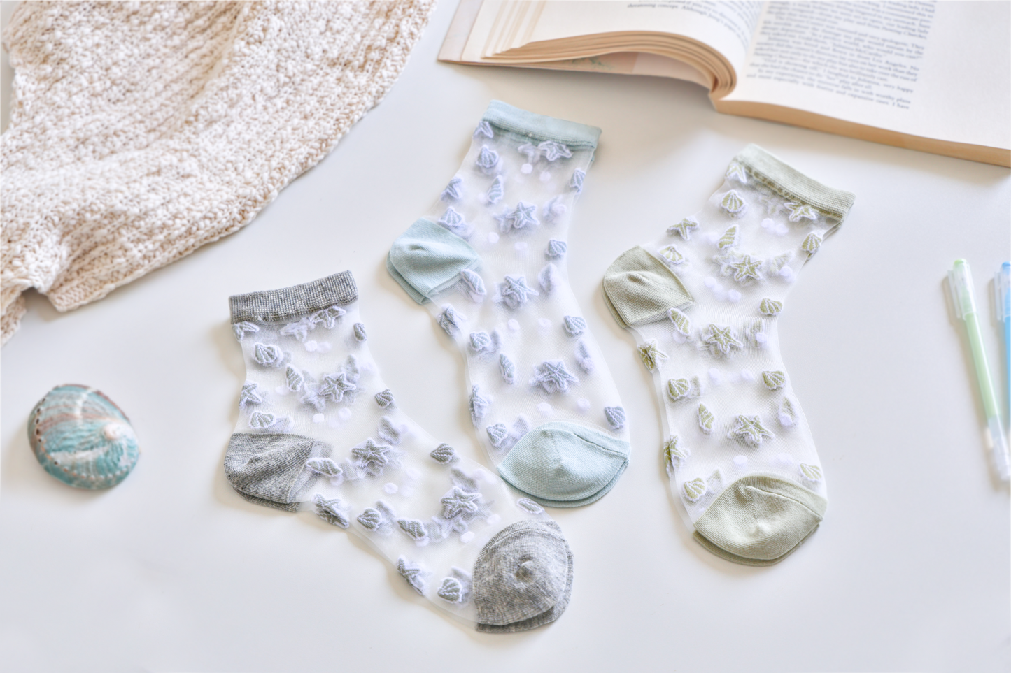 2-Pack Women's Sheer Socks - Summer Breathable Starfish & Seashell