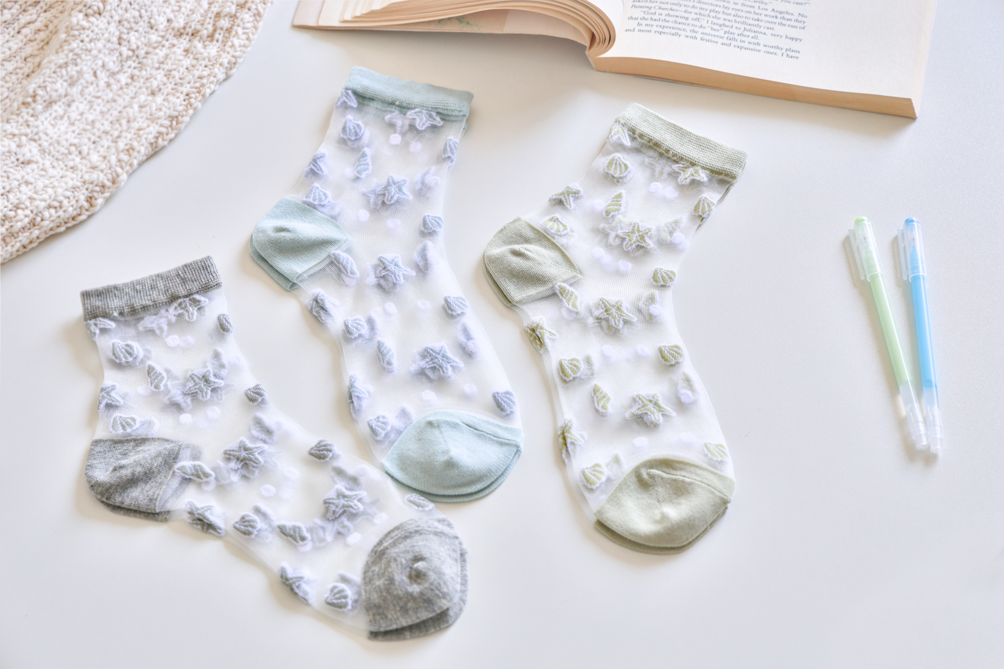 2-Pack Women's Sheer Socks - Summer Breathable Starfish & Seashell