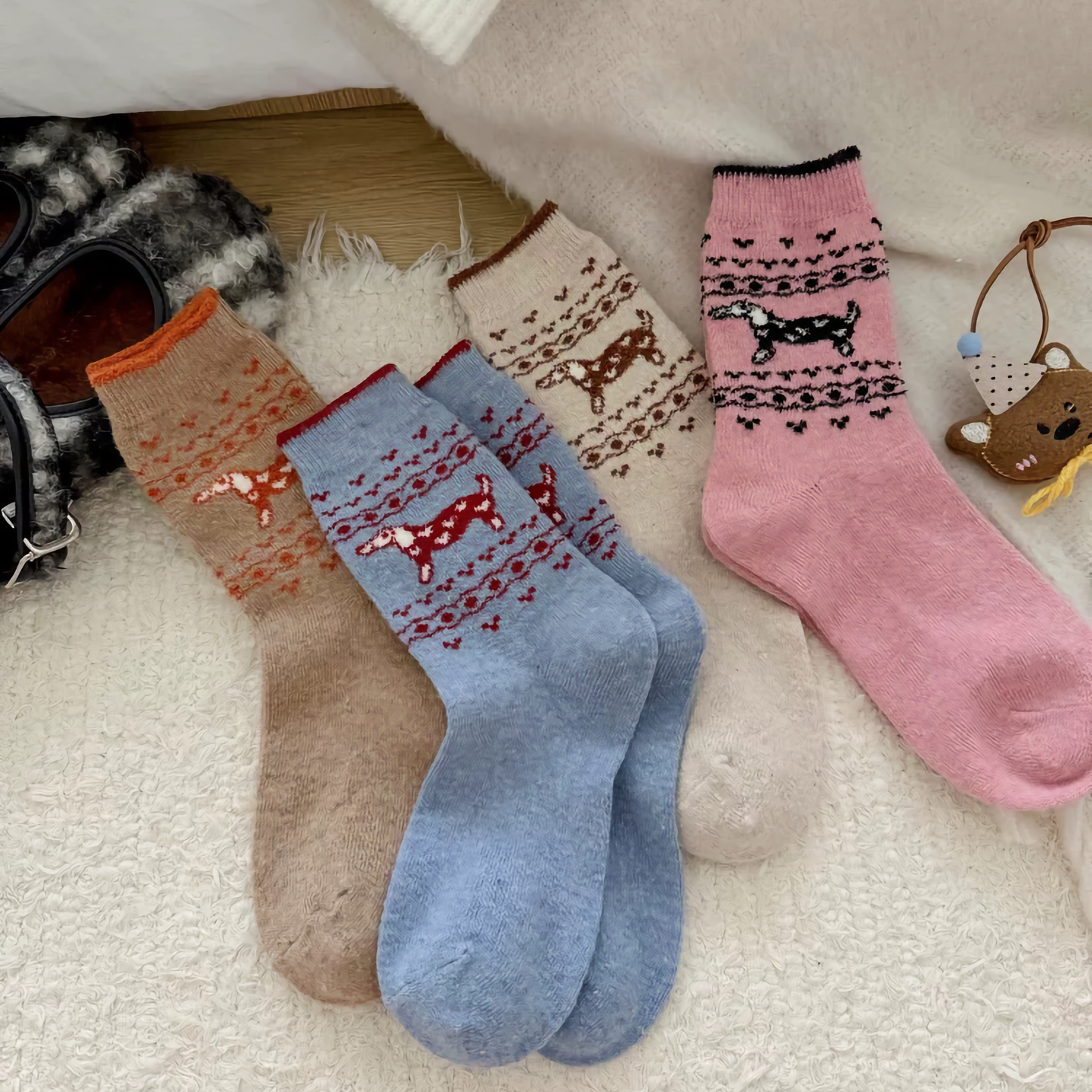 2-Pack Women's Wool Socks - Warm Dachshund Pattern Winter Socks