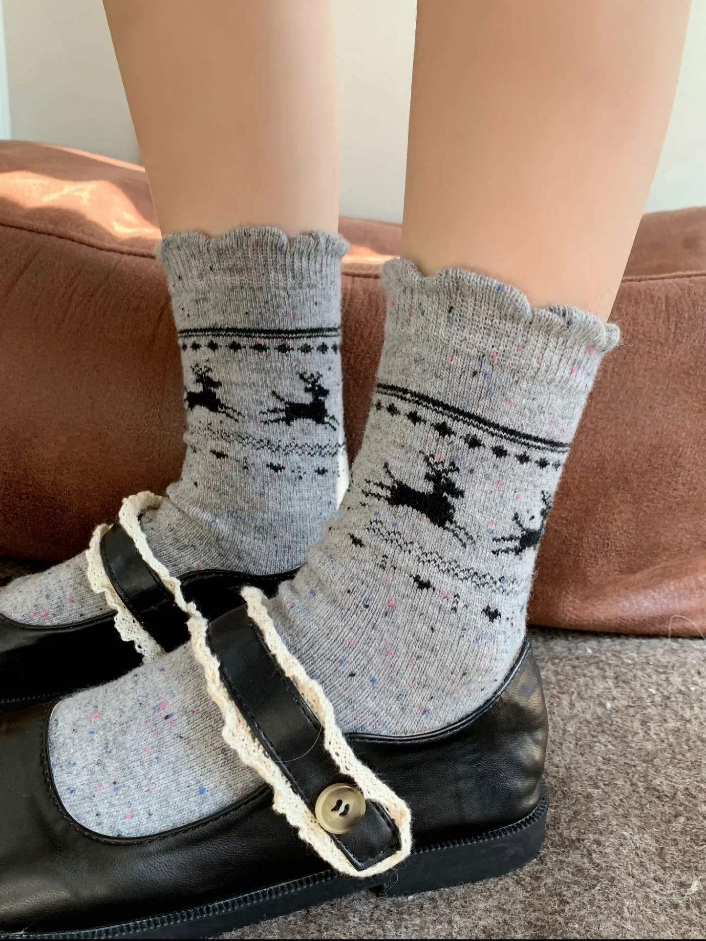 2-Pack Women's Wool Socks - Warm Reindeer Design for Fall & Winter