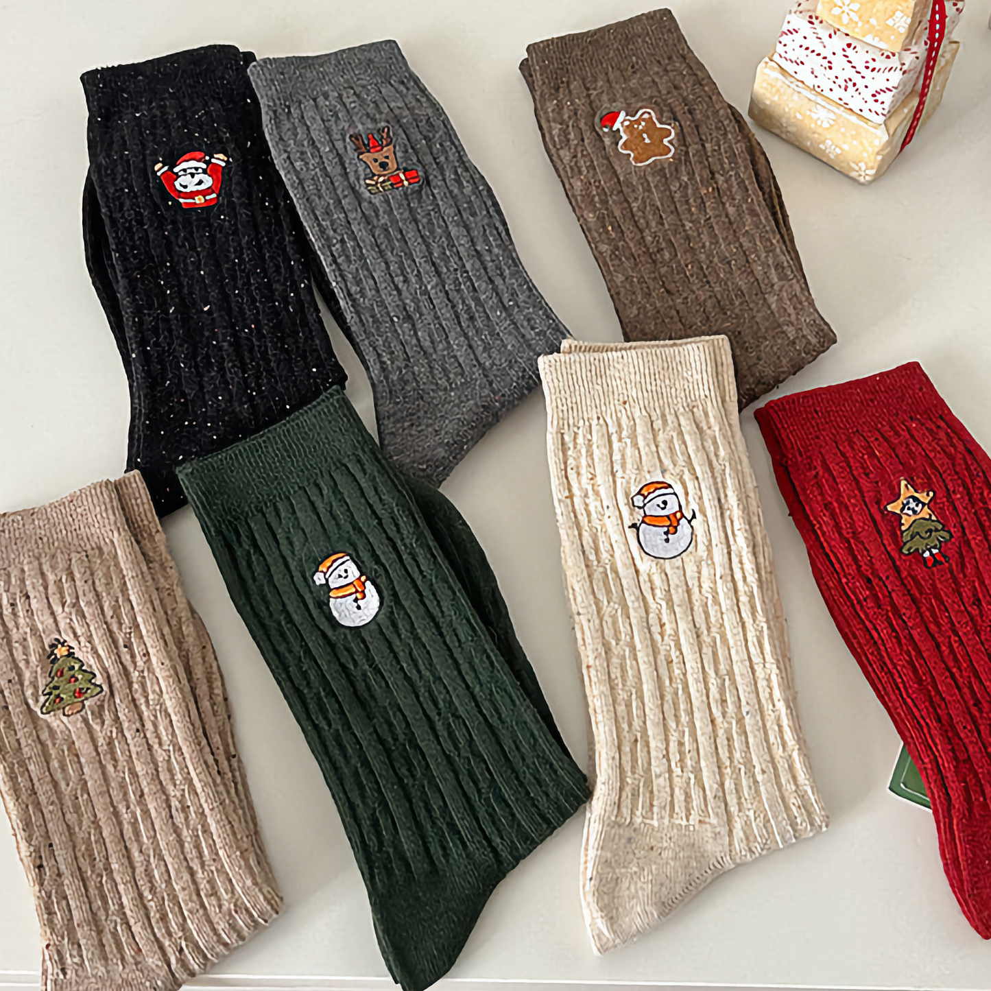 3-Pack Women's Xmas Cable Knit Cotton Socks - Winter Holiday Embroidery