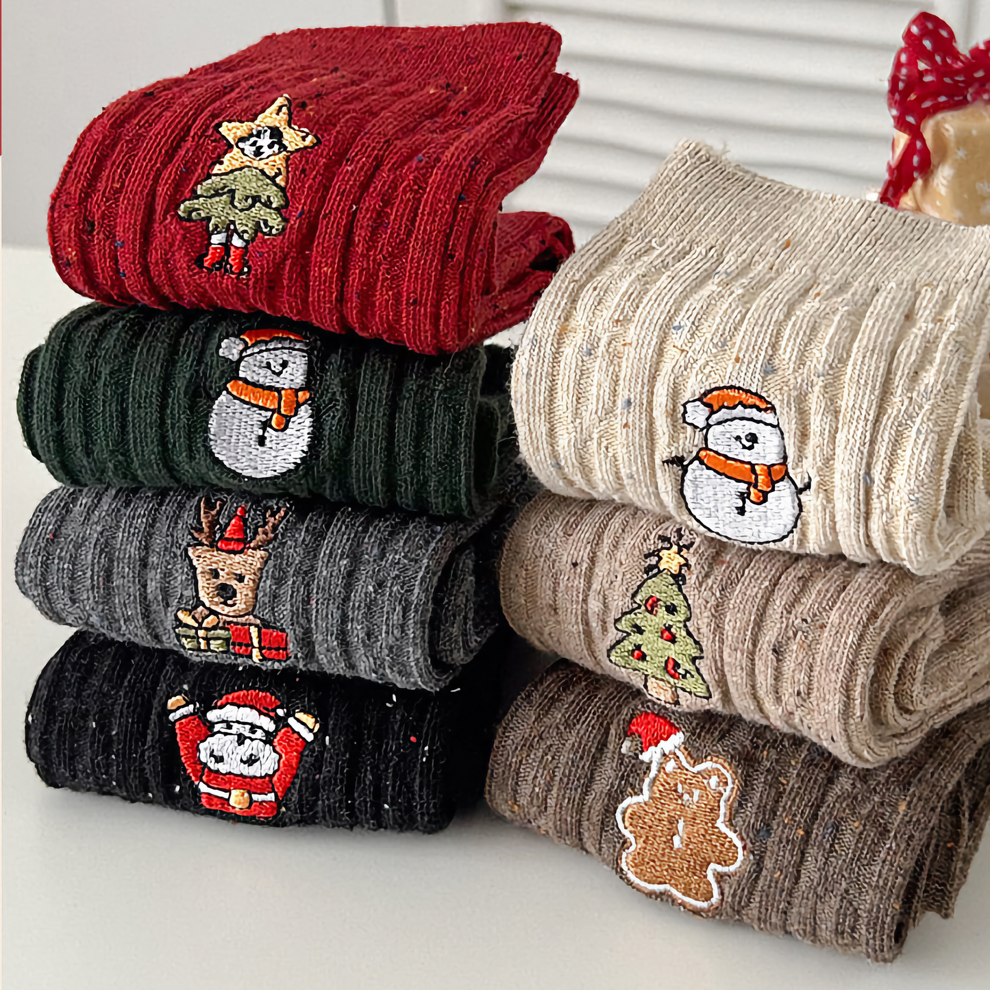 3-Pack Women's Xmas Cable Knit Cotton Socks - Winter Holiday Embroidery