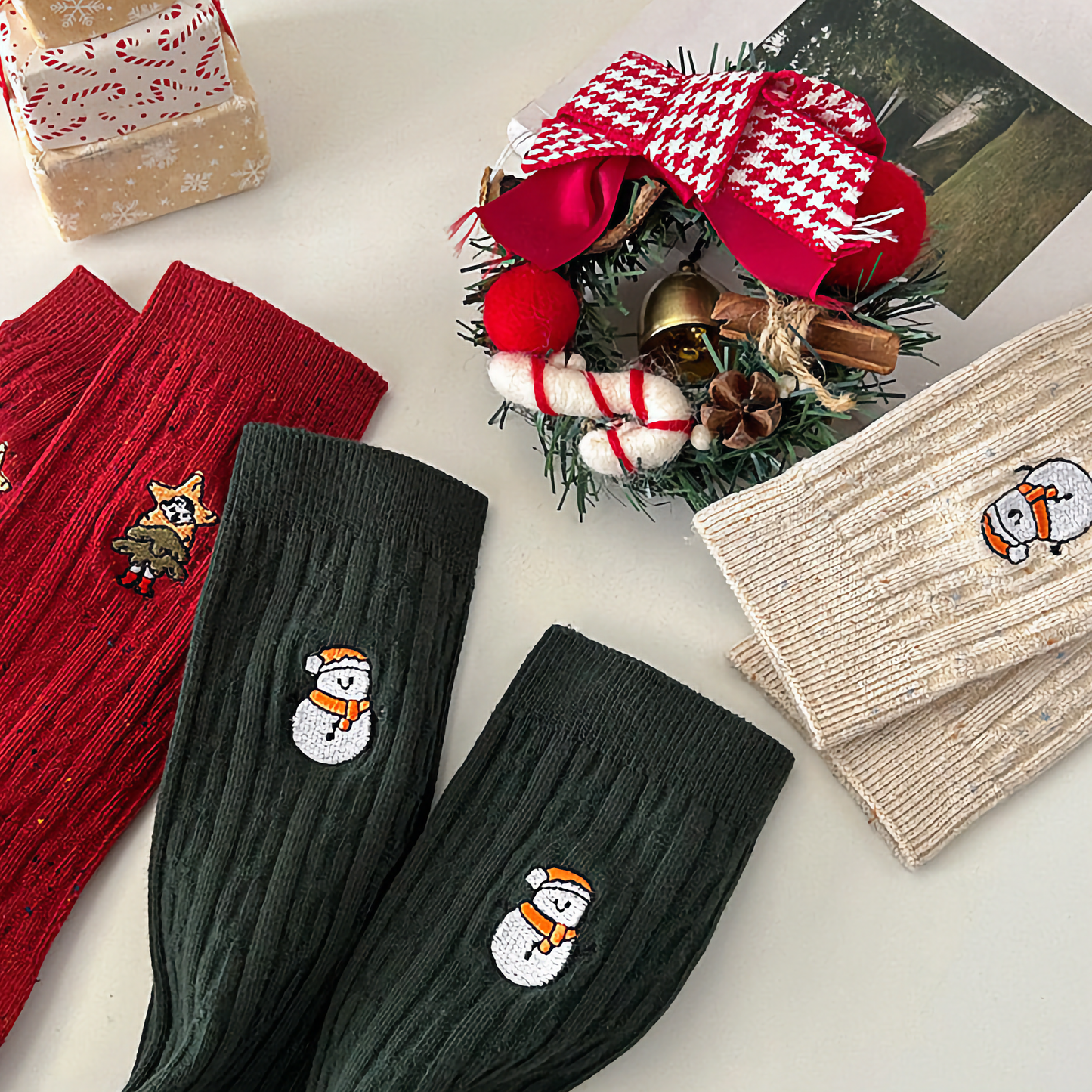 3-Pack Women's Xmas Cable Knit Cotton Socks - Winter Holiday Embroidery