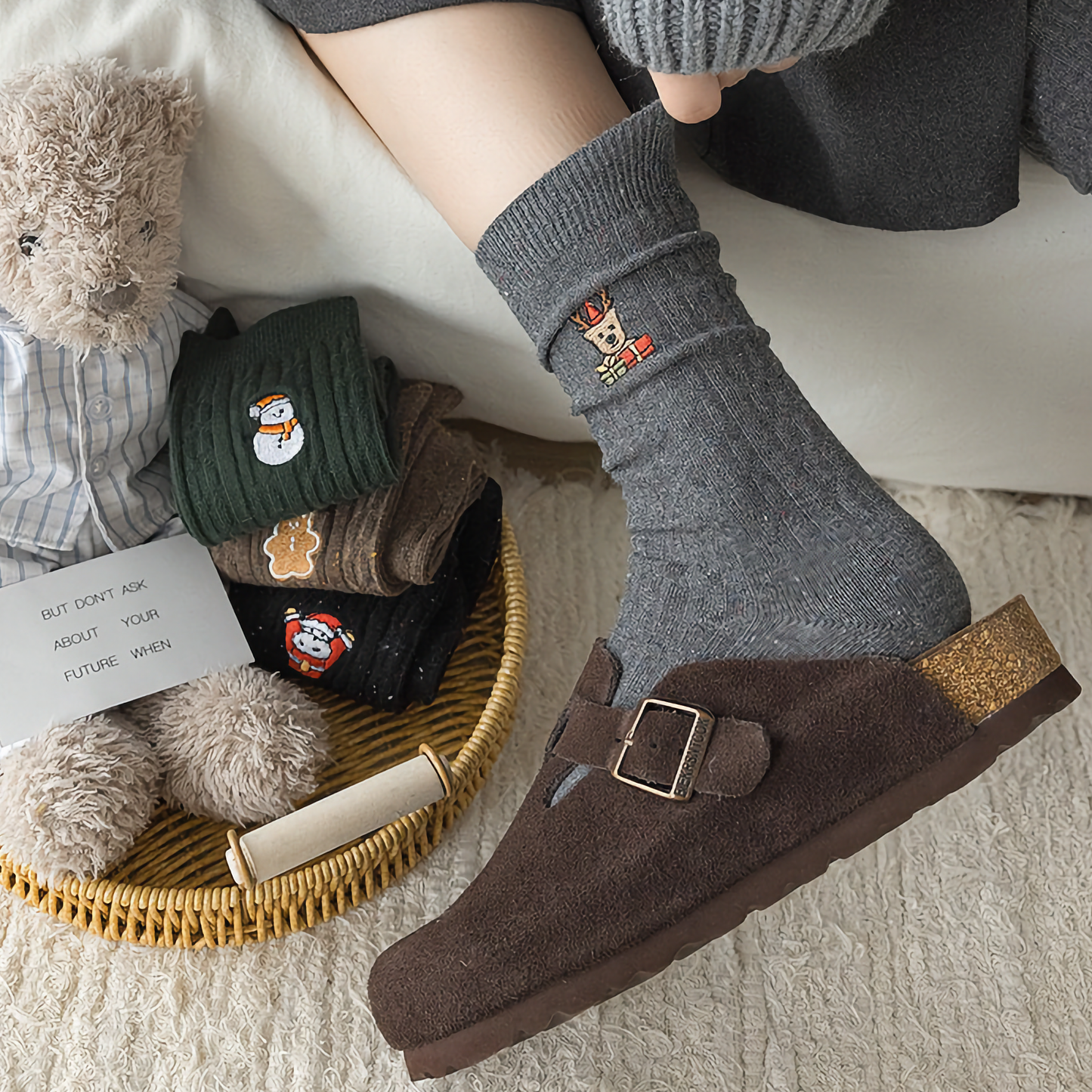 3-Pack Women's Xmas Cable Knit Cotton Socks - Winter Holiday Embroidery