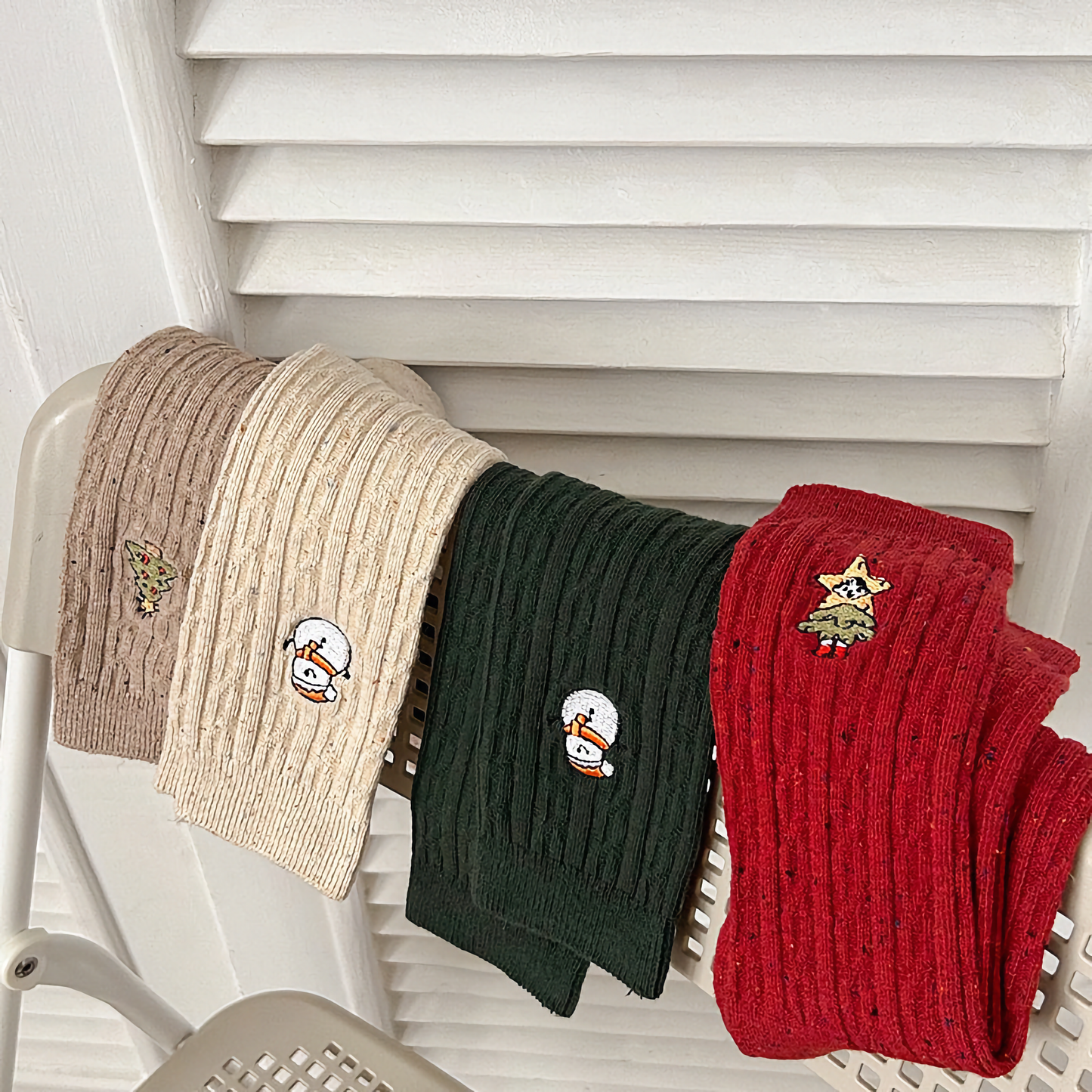 3-Pack Women's Xmas Cable Knit Cotton Socks - Winter Holiday Embroidery