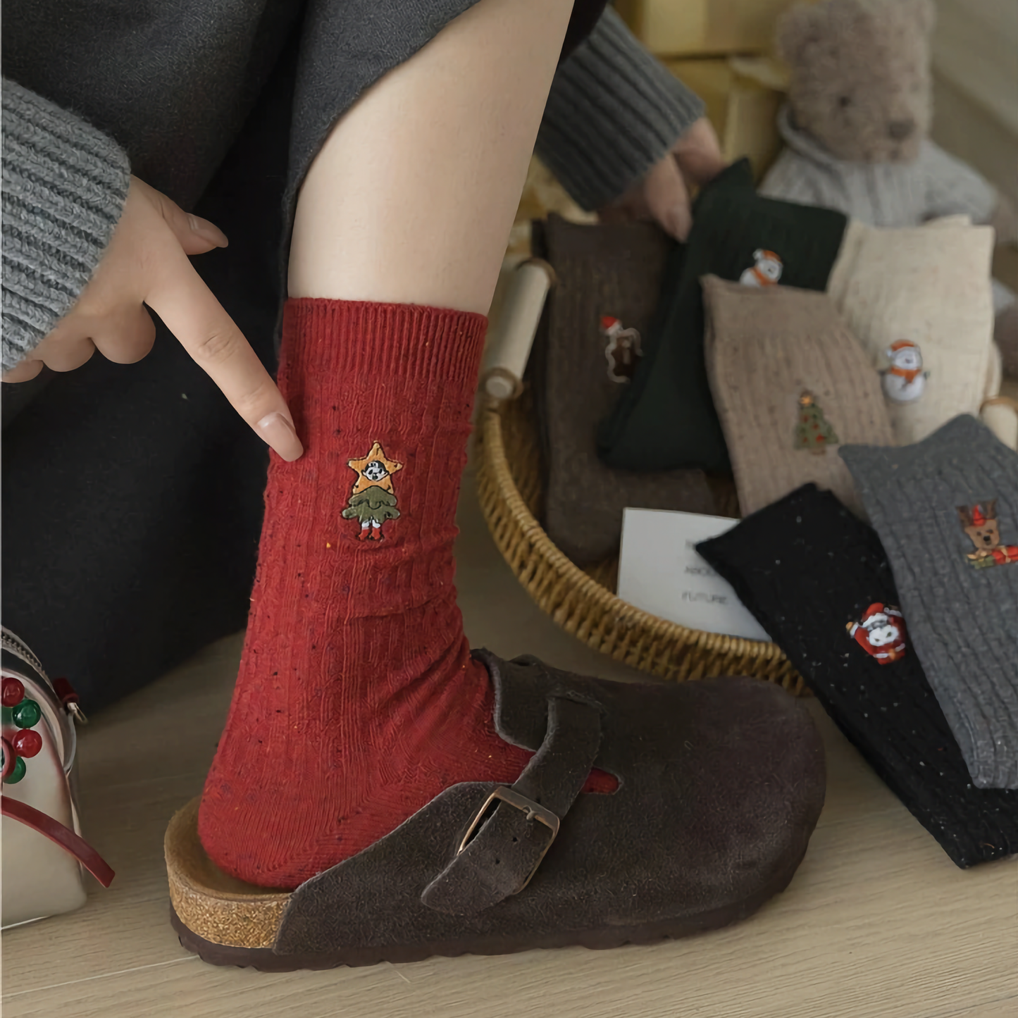 3-Pack Women's Xmas Cable Knit Cotton Socks - Winter Holiday Embroidery