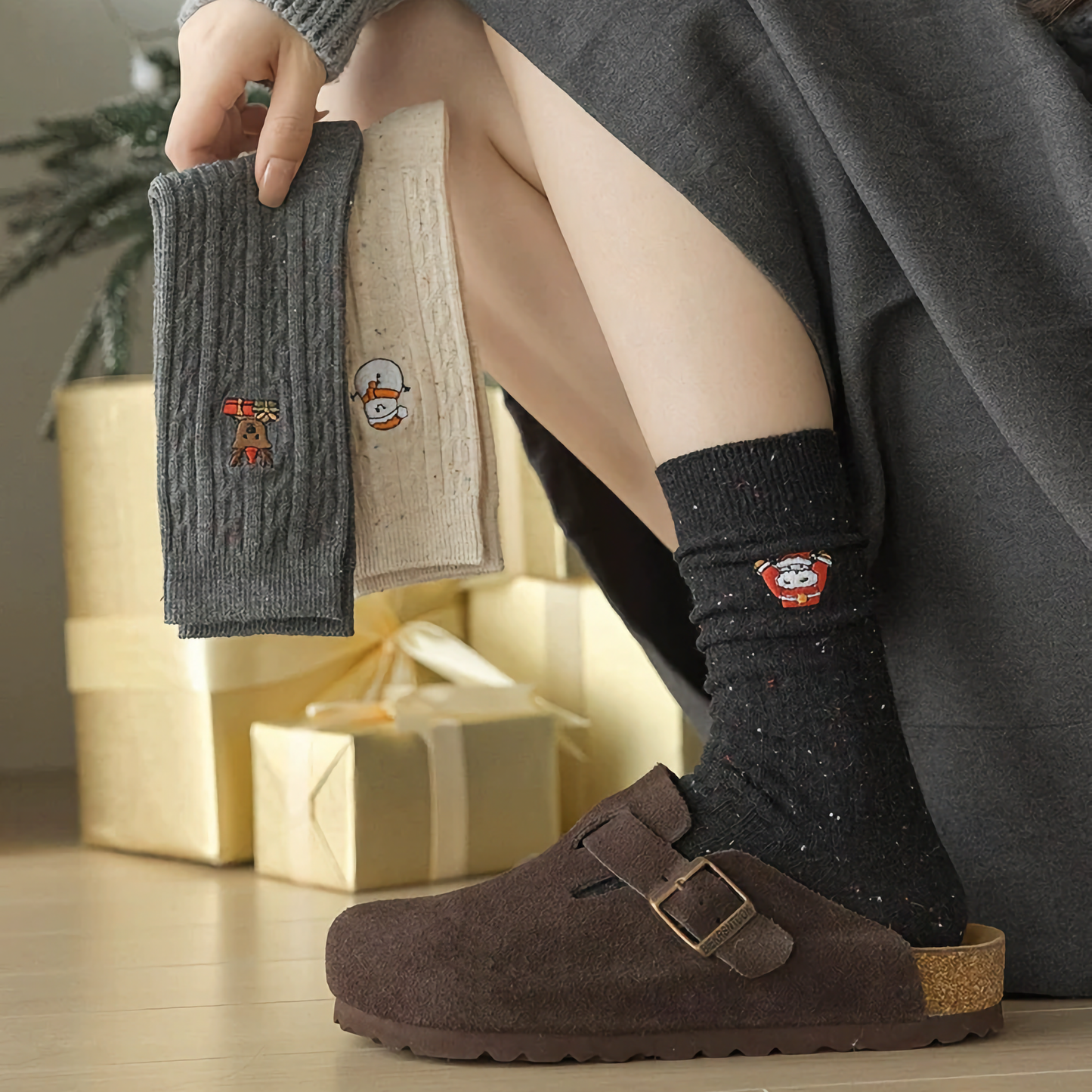 3-Pack Women's Xmas Cable Knit Cotton Socks - Winter Holiday Embroidery