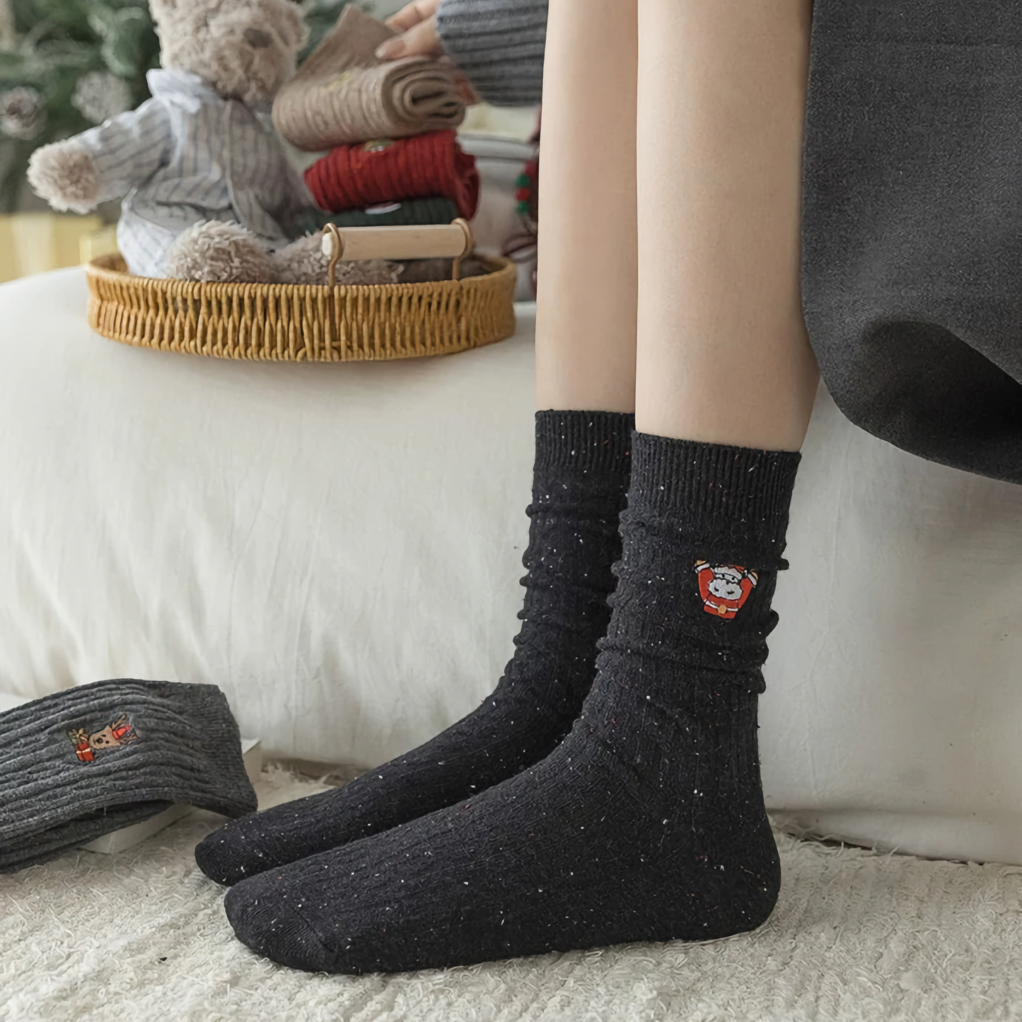 3-Pack Women's Xmas Cable Knit Cotton Socks - Winter Holiday Embroidery