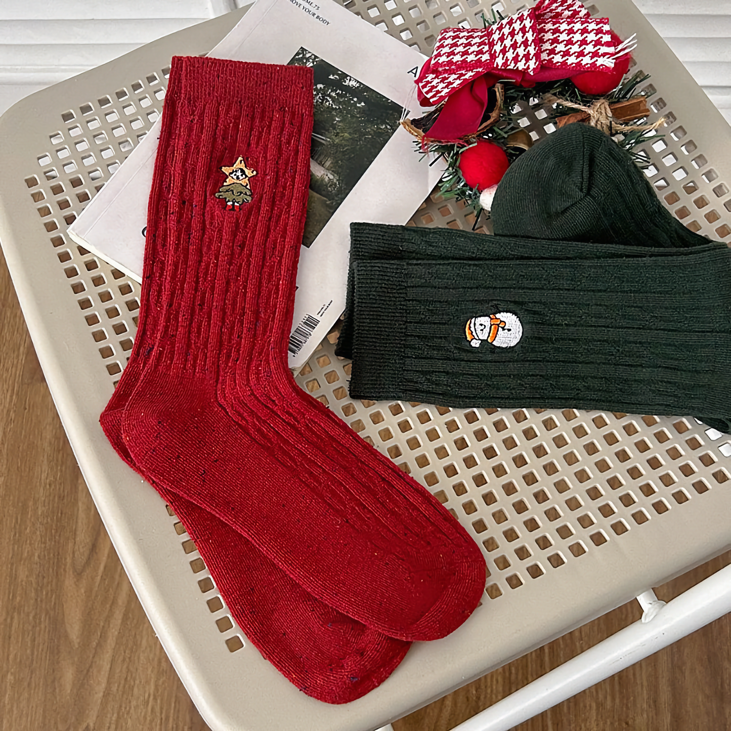 3-Pack Women's Xmas Cable Knit Cotton Socks - Winter Holiday Embroidery