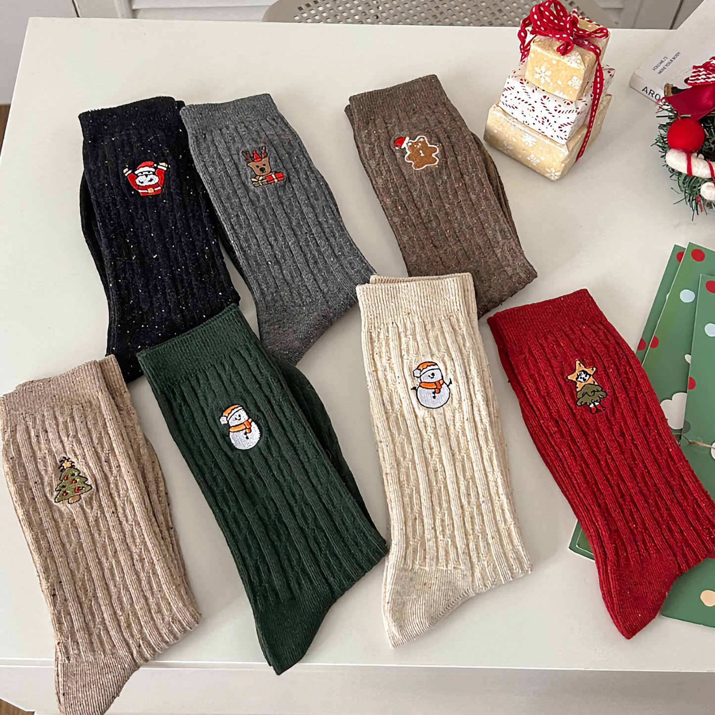 3-Pack Women's Xmas Cable Knit Cotton Socks - Winter Holiday Embroidery