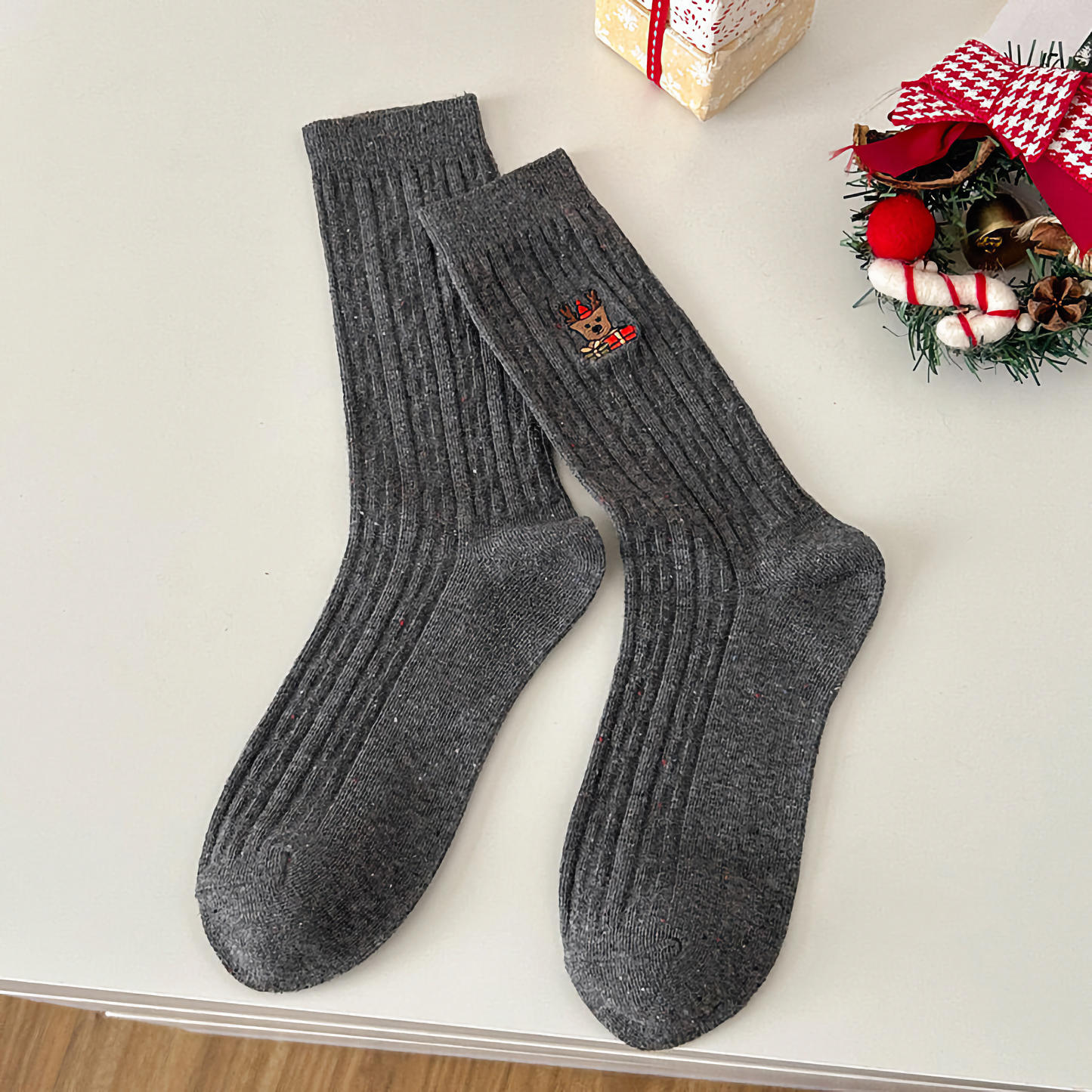 3-Pack Women's Xmas Cable Knit Cotton Socks - Winter Holiday Embroidery