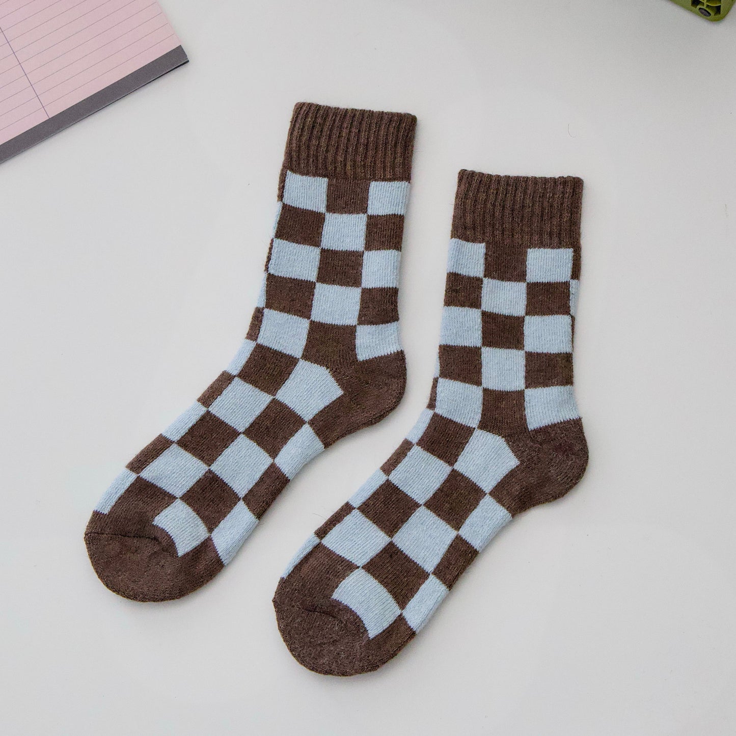 2-Pack Women's Wool Checkerboard Winter Socks – Warm Knit Crew