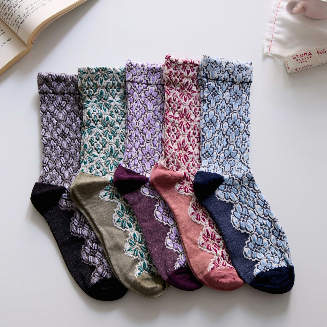 Mediterranean-Inspired Style: Cotton Crew Socks with Mosaic Tile Charm