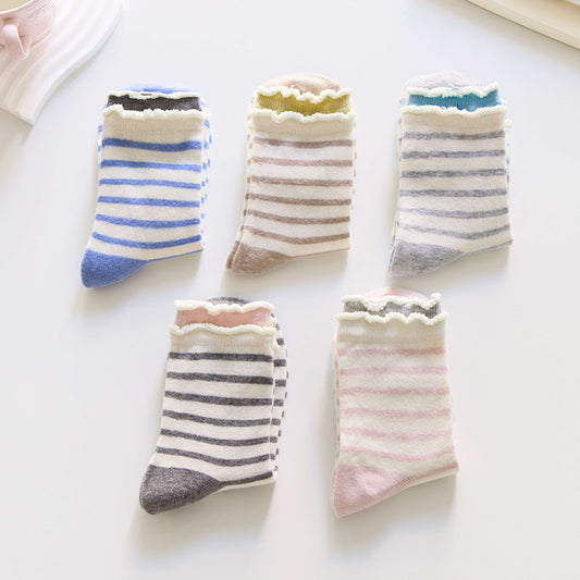 Sweet Stripes with a Soft Twist: Cotton Crew Socks with Ruffle Trim