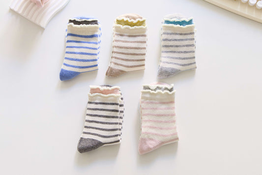 Sweet Stripes with a Soft Twist: Cotton Crew Socks with Ruffle Trim