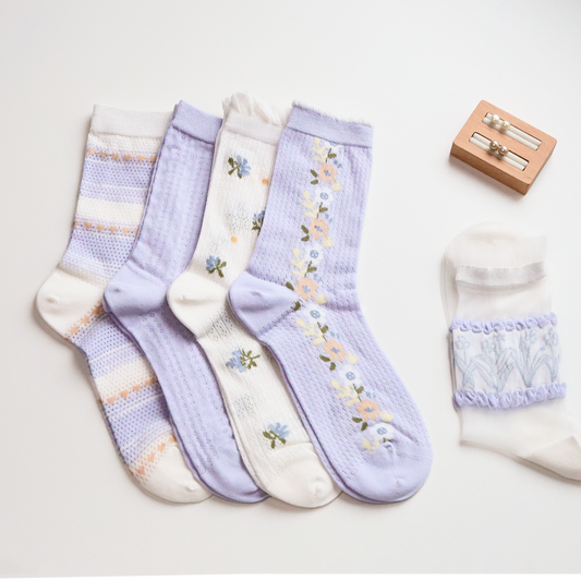 2-Pack Women’s Purple Floral Mesh Socks – Thin, Lightweight & Breathable