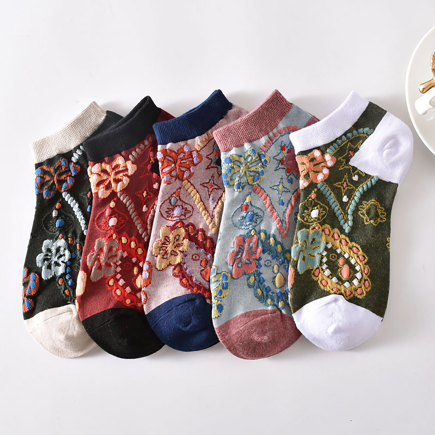 5-Pack Vintage Floral Women's Cotton Vibrant Ankle Socks