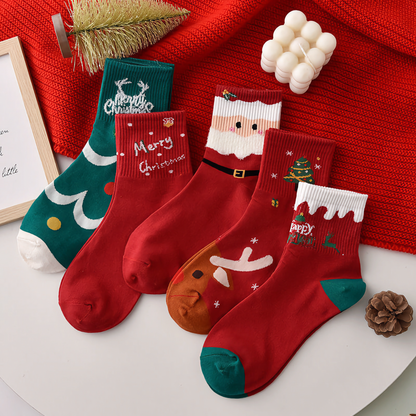 5-Pack Unisex Christmas Cotton Socks - Winter Festive Socks