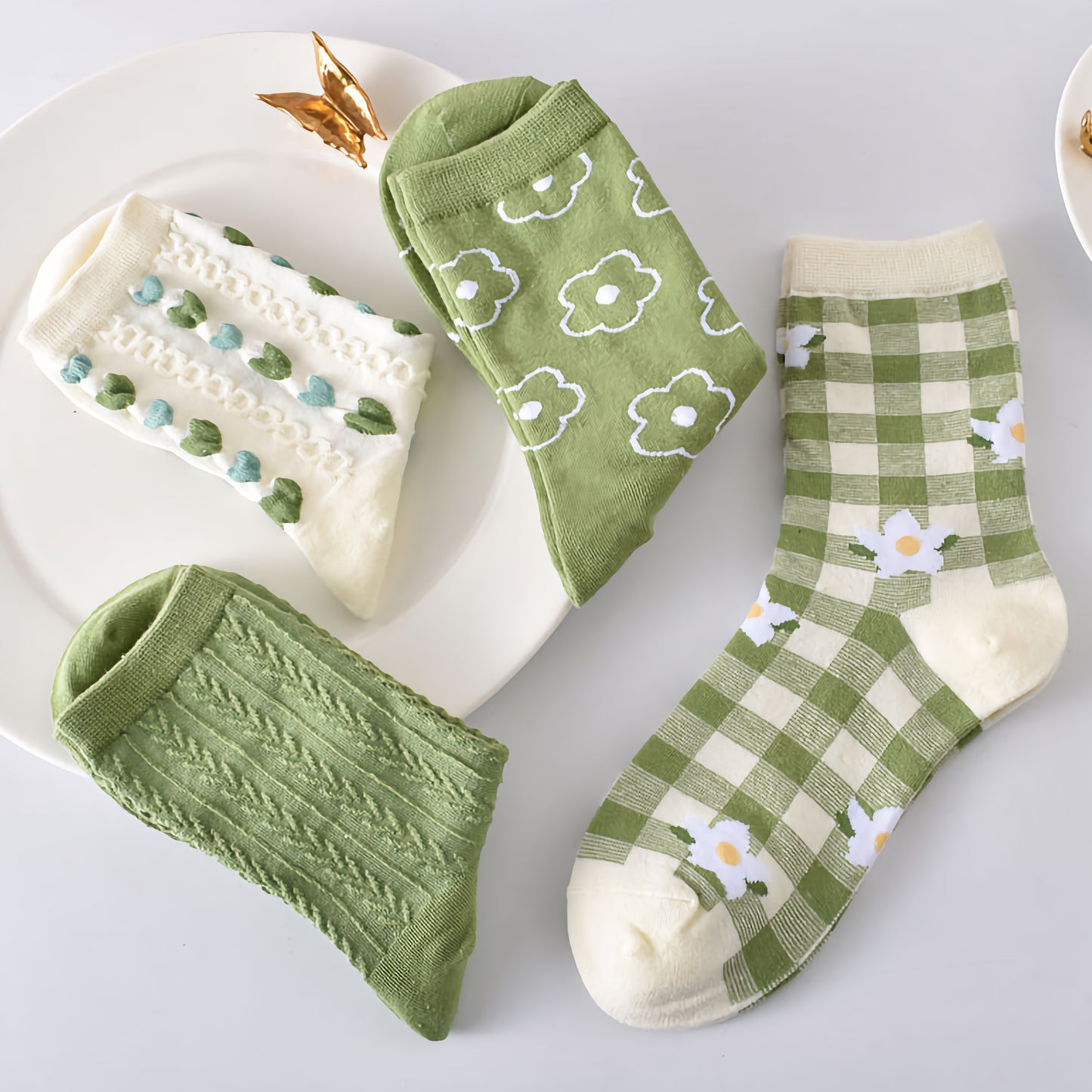5-Pack Spring/Autumn Green Floral Crew Socks for Women