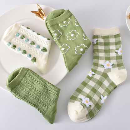 5-Pack Spring/Autumn Green Floral Crew Socks for Women