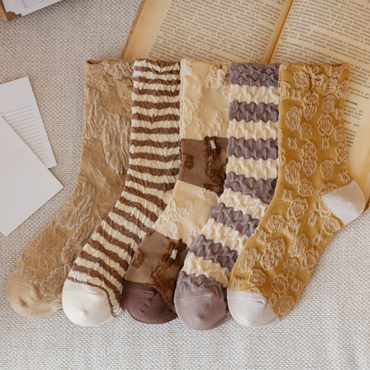 5-Pack Autumn Vintage Socks - Coffee Striped Floral Design