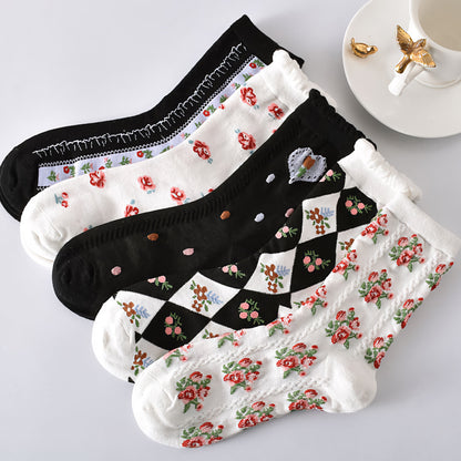 5-Pack Floral Cotton Crew Socks – Black & White Set
