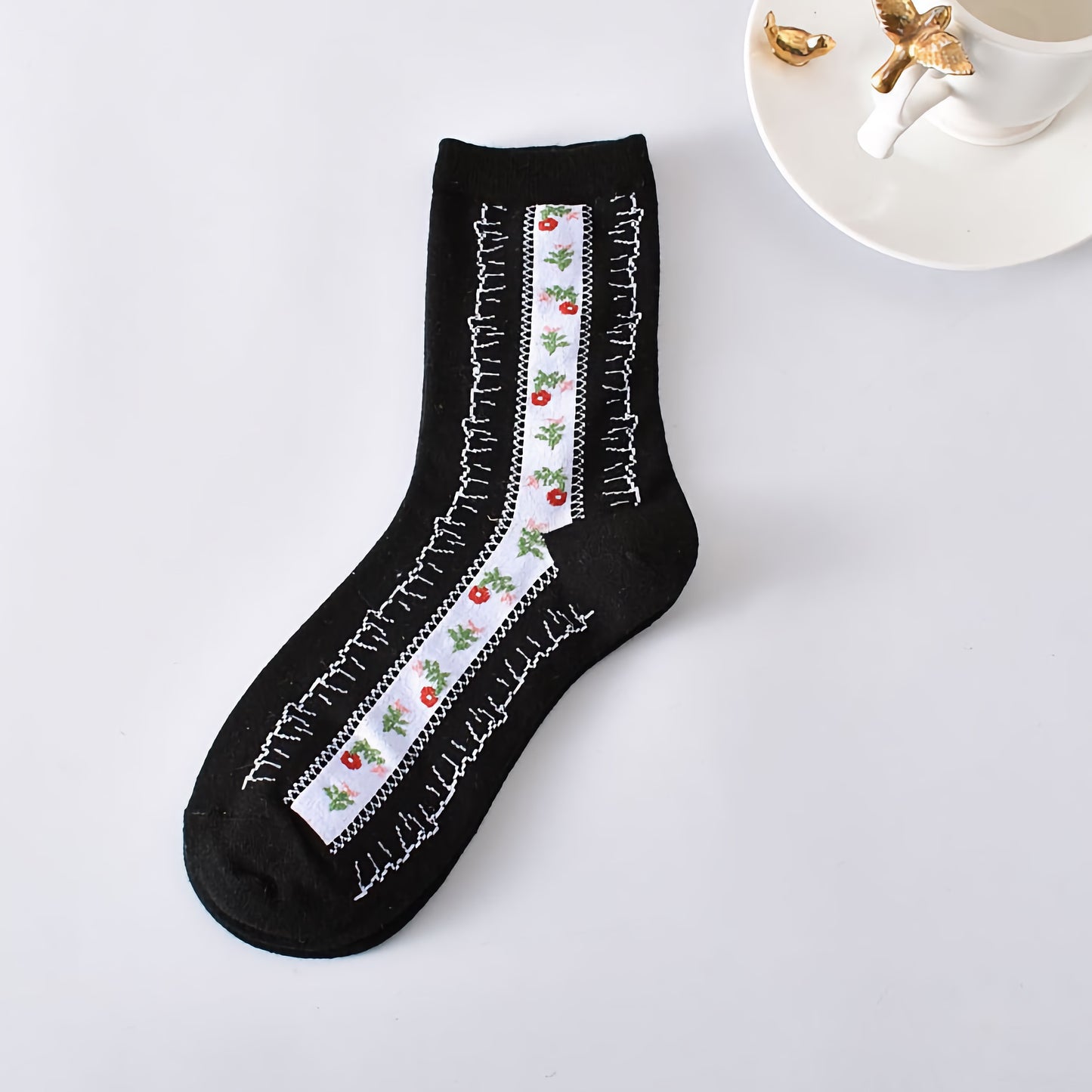 5-Pack Floral Cotton Crew Socks – Black & White Set