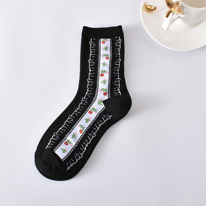 5-Pack Floral Cotton Crew Socks – Black & White Set