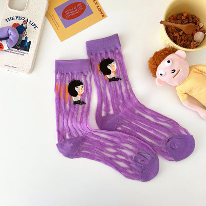 2-Pack Women’s Mesh Sheer Socks – Fun Cartoon Look for Summer