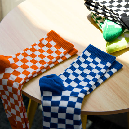 2-Pack Unisex Cotton Checkerboard Crew Socks – Retro Colour Block