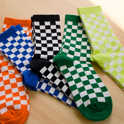 2-Pack Unisex Cotton Checkerboard Crew Socks – Retro Colour Block