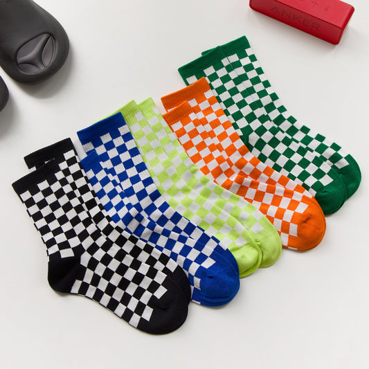 2-Pack Unisex Cotton Checkerboard Crew Socks – Retro Colour Block