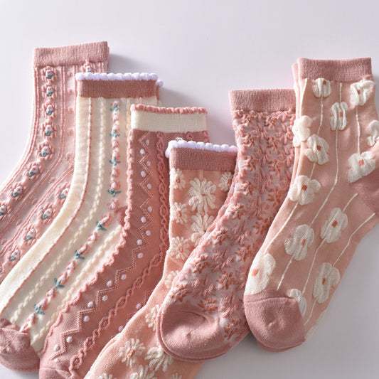 5-Pack Pink Flower Socks: Vintage Knitted Crew Coziness for Women
