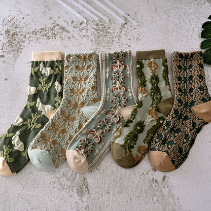 5-Pack Green Floral Socks: Vintage Knitted Crew Coziness for Women