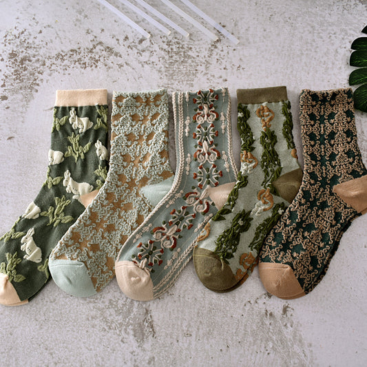 5-Pack Green Floral Socks: Vintage Knitted Crew Coziness for Women