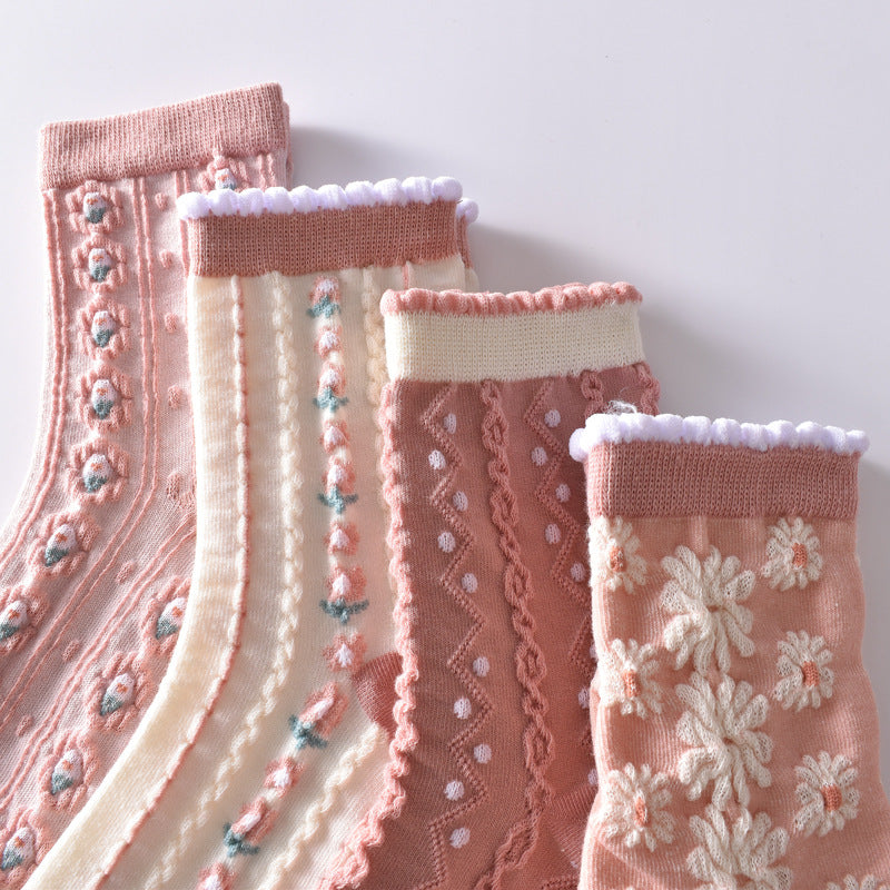 5-Pack Pink Flower Socks: Vintage Knitted Crew Coziness for Women
