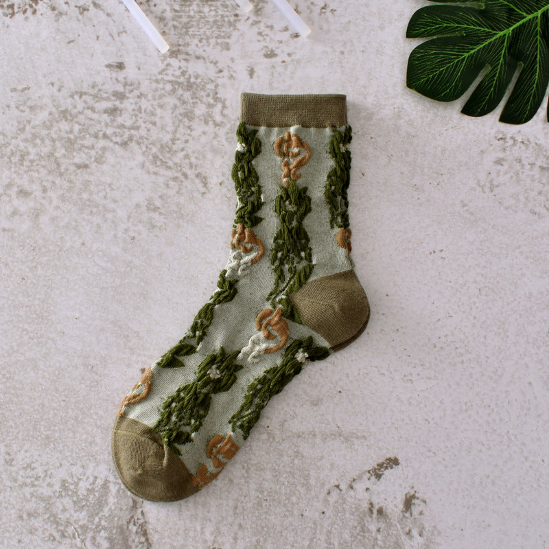 5-Pack Green Floral Socks: Vintage Knitted Crew Coziness for Women