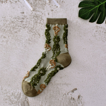 5-Pack Green Floral Socks: Vintage Knitted Crew Coziness for Women