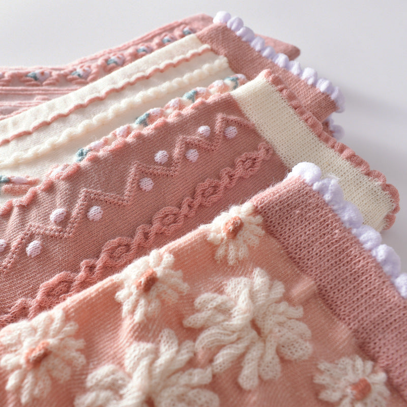 5-Pack Pink Flower Socks: Vintage Knitted Crew Coziness for Women
