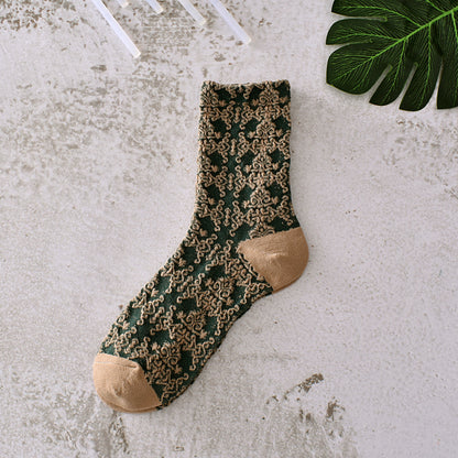 5-Pack Green Floral Socks: Vintage Knitted Crew Coziness for Women